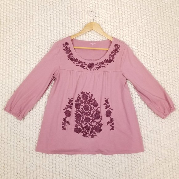 Garnet Hill Folkloric Embroidered Cotton Blouse Mauve Sz Medium - Picture 6 of 9